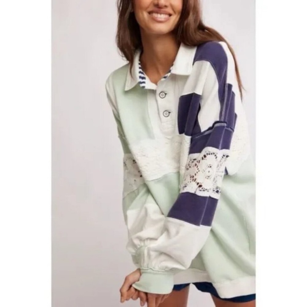 Free People We The Free American dream Mint and Navy Sweatshirt 2422 - Picture 2 of 13